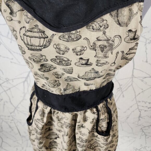 Harman Beige Black Kettles Print Tie Back Cotton Apron - Picture 2 of 5